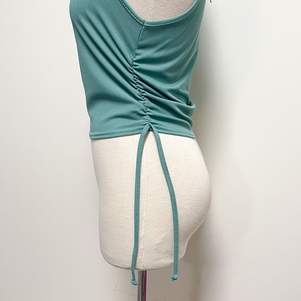 Boohoo Aqua Green Side Ruched Ribbed Sleeveless Square Neck Tank NWT 12 *Fitted* - Picture 4 of 7